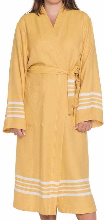 Hamam Badjas Krem Sultan Mustard Yellow - XXL - unisex - hotelkwaliteit - sauna badjas - luxe badjas - dunne zomer badjas - ochtendjas