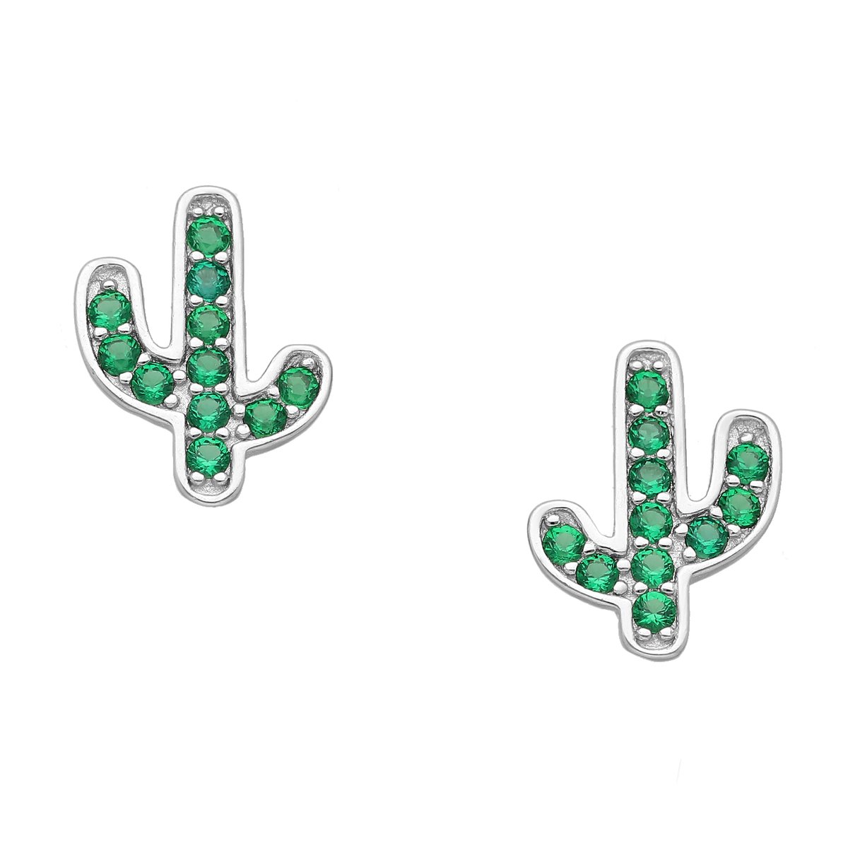 EAR IT UP - Oorbellen - Cactus - Push back oorknopjes - Gerhodineerd 925 sterling zilver - Zirkonia - Pavézetting - 11 x 9 mm - 1 paar