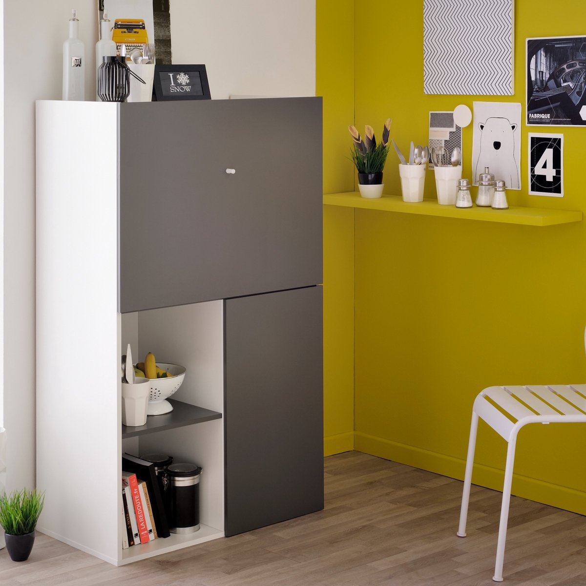 Kast Flip 80cm 2 Deuren - Grijs/wit - Parisot - Secretaire - Wit; Grijs - Melamine; Spaanplaat