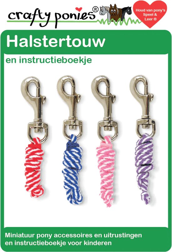Verpakking met vier paardenhalstertouwen in verschillende kleuren: rood, blauw, roze en paars.