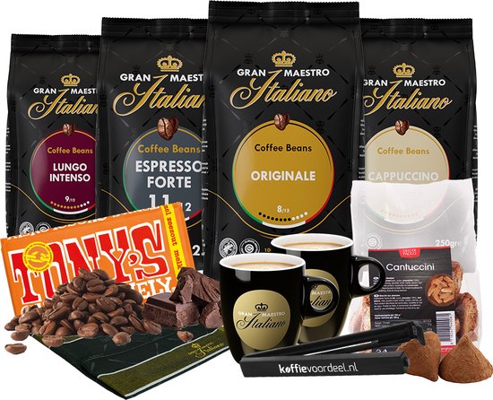 Gran Maestro Italiano - Koffiebonen Proefpakket - Koffie Cadeaupakket - 4 soorten Koffie, Tony's Chocolonely Karamel Zeezout, Cantuccini koekjes en Bekers