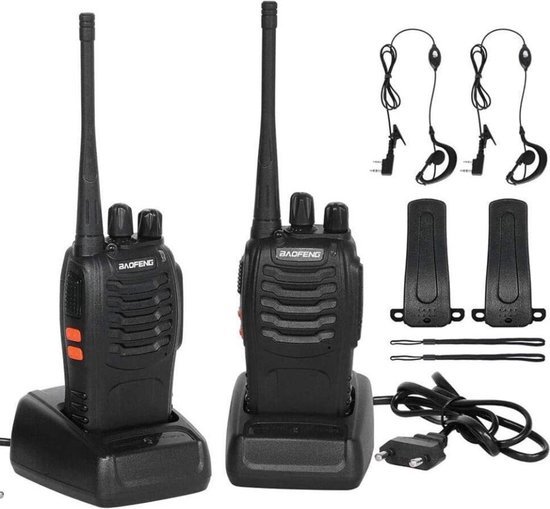 walkie talkie incl. laadstations, oortjes en broekclips - 2 pack