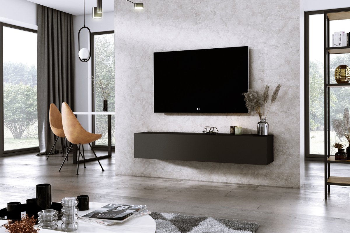 Meubel Square - TV meubel DIAMOND - Mat Zwart - 150cm - Hangend TV Kast - Meubel Square