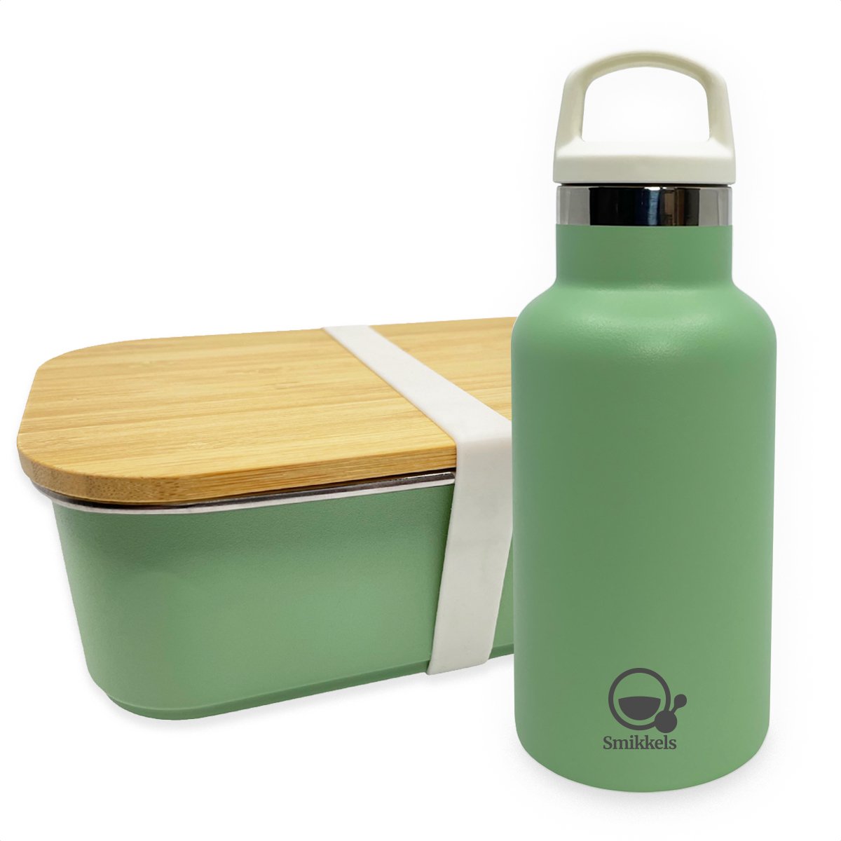 Smikkels - Lunchset RVS lunchbox met thermos drinkfles - Groen - Duurzaam - Fles 350ml met afsluitdop en rietjesdop - broodtrommel 900ml met bamboe deksel en elastiek - thermosfles - kind