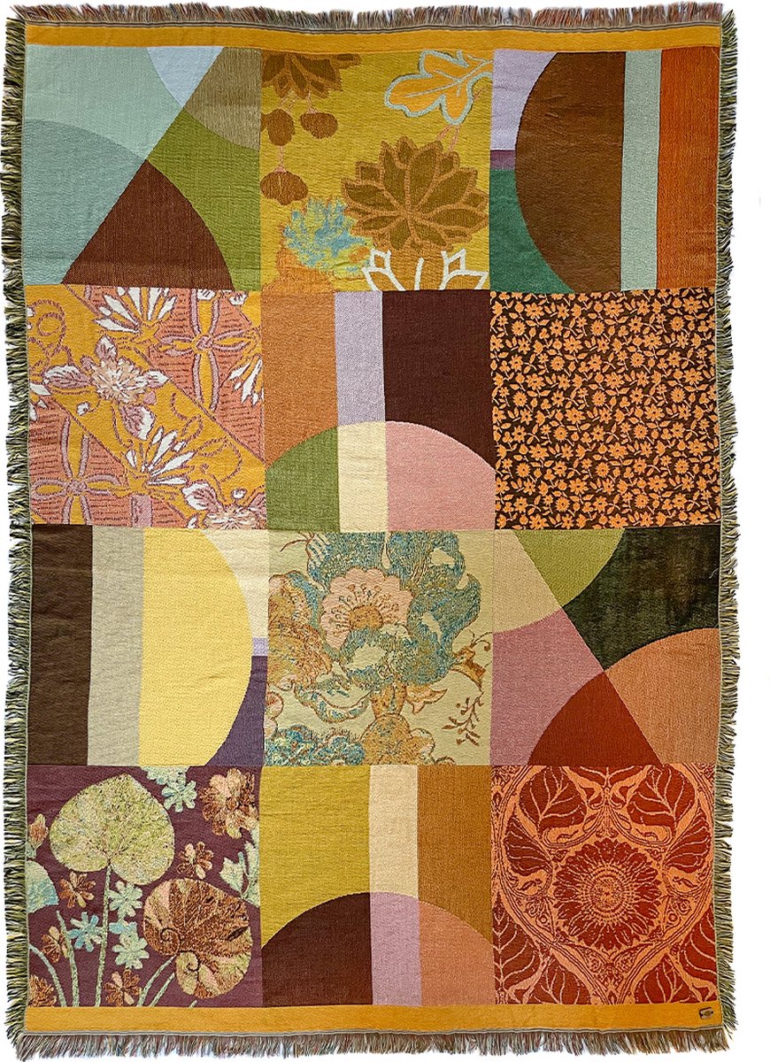 NIN-NIT - Patchwork Blanket - plaid - geweven deken - sprei - bloemen print - geblokt - paars - rood - oranje - geel - groen - blauw - paars - natuurprint - bladeren - 100% geweven katoen - 220x160 cm