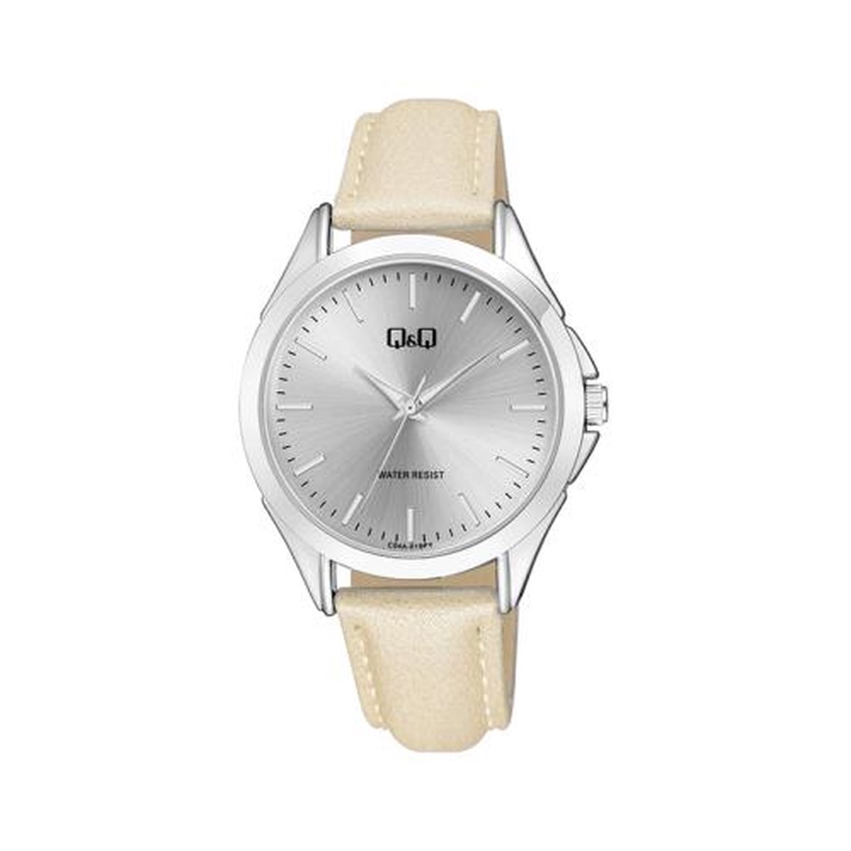 Q&Q C04A-019PY - Horloge - Analoog - Unisex - Leren band - Rond - Metaal - Streepjes - Beige/Crème - Zilverkleurig