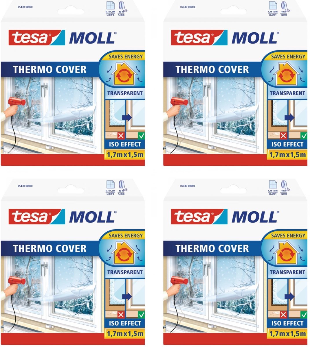 Tesa tesamoll thermo cover - raamisolatie folie - vermindert condens - bespaart energie - 1,7 x 1,5 meter - 4 stuks