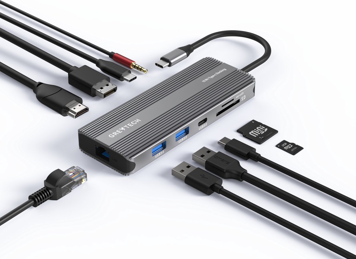 GREYTECH USB-C Laptop Docking Station – 10-IN-1 met HDMI, Displayport 4K 120Hz, USB-C Opladen, Gigabit Ethernet RJ45, 3x USB 3.0, Micro / Sd kaartsleuf en meer – Dual Screen – Spacegrey