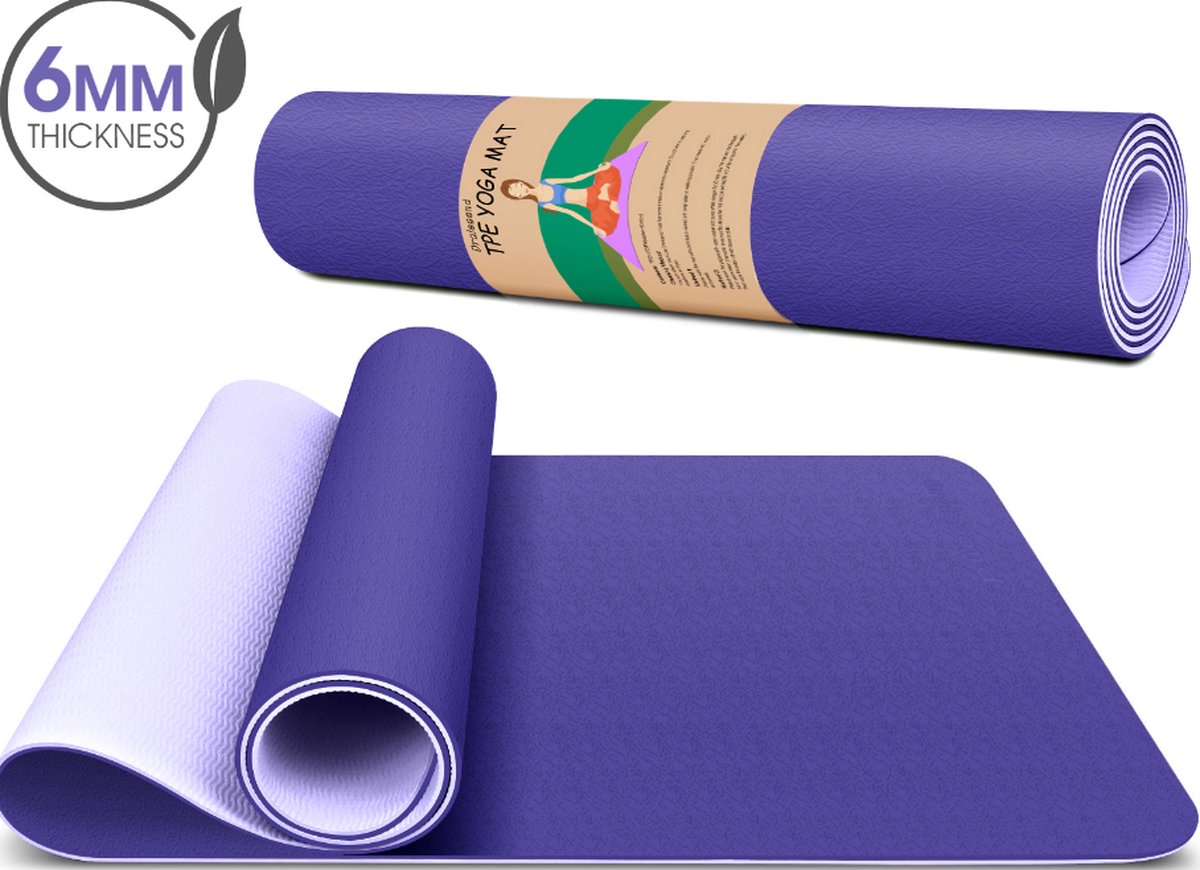 Dralegend antislip yogamat - Donkerpaars - met blaadjes print , gemaakt van TPE met extra dik (6mm) - Sportmat Fitness Mat Duurzaam lichtpaars- hypoallergene yoga mat met draagband - 183 cm x 61 cm x 0,6 cm