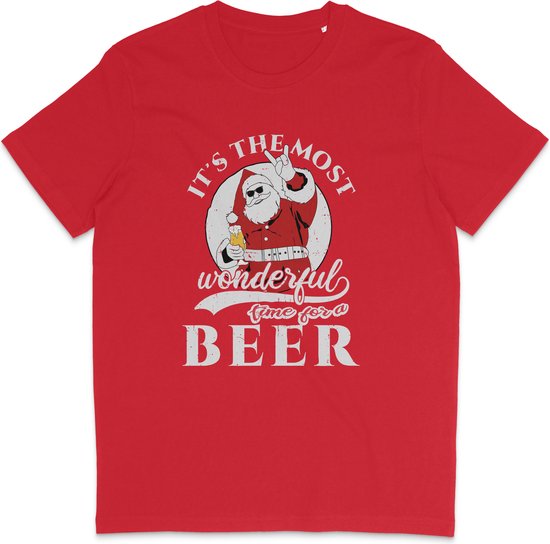 T Shirt Heren - Kerst BierTijd- Korte Mouw - Rood - Maat XS