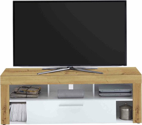 TV-meubel Enrico Wit Artisan Eiken - Breedte 150 cm - Hoogte 53 cm - Diepte 41.4 cm - Met lades - Met planken - Zonder deuren