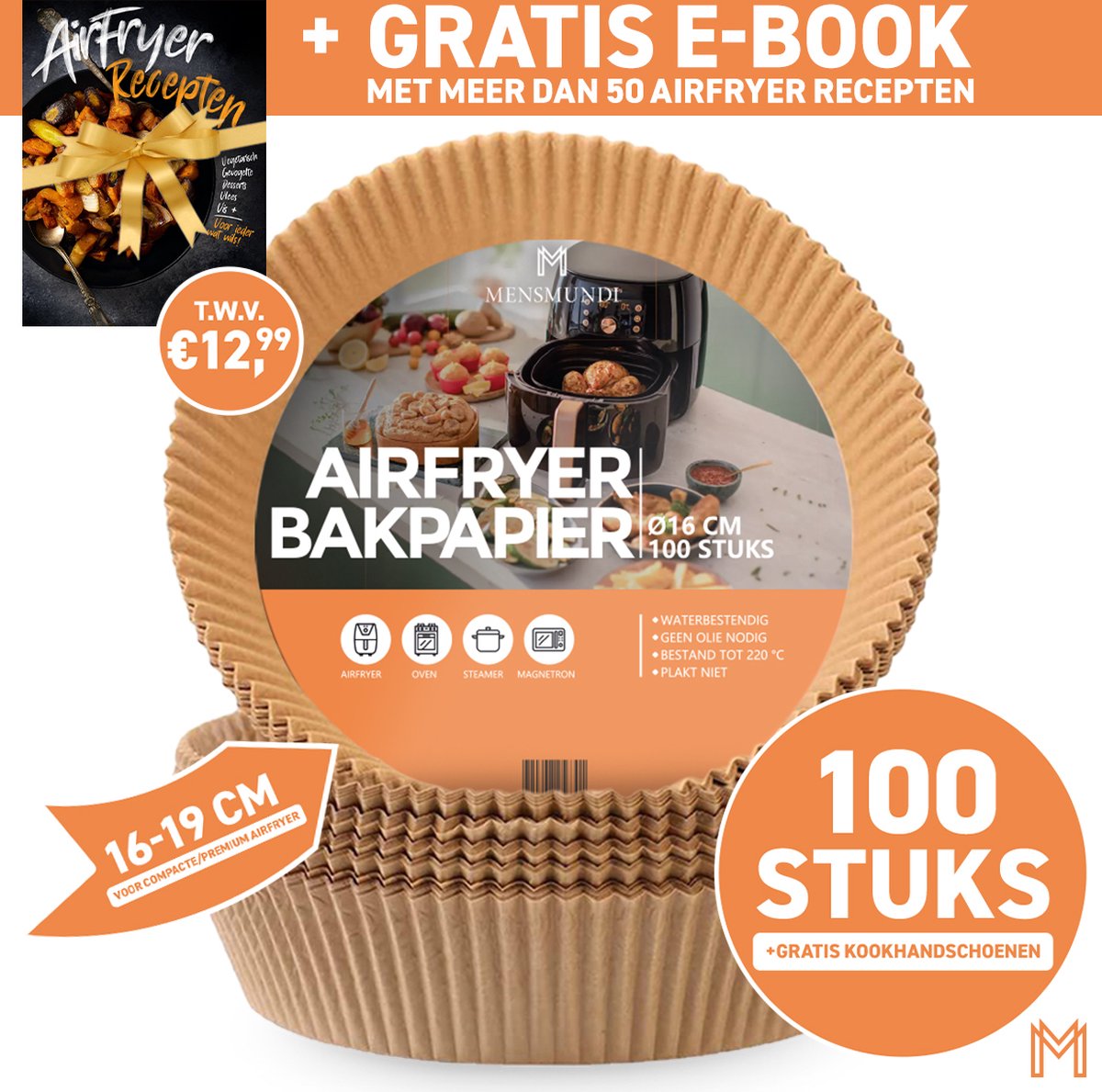 MENSMUNDI® Airfryer Bakpapier - Airfryer Wegwerpbakjes - Gratis E-book - 100 stuks
