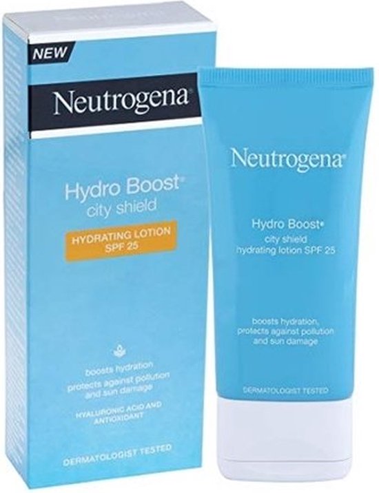 Neutrogena Hydro Boost city shield hydraterende lotion SPF 25 in blauwe tube en doos. Hydrateert, beschermt tegen milieuvervuiling en zonneschade.