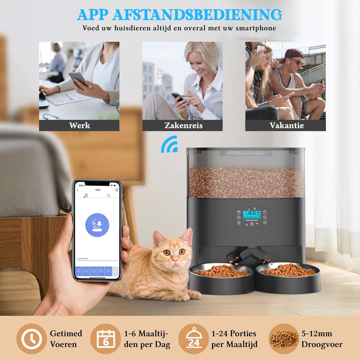Afbeelding 2 van Automatische Voerbak - Kat en Hond - 2-in-1 Voerautomaat - Voerautomaat - Voice Recorder & Timer - Smart App Besturing - Voerdispenser - 6L - Zwart - Honeyguardian