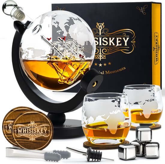 Whisiskey Whiskey Karaf - Wereldbol - Luxe Whisky Karaf Set - 0,9 L - Decanteer karaf - Whiskey Set - Incl. 4 RVS Whiskey Stones, 2 Whiskey Glazen & Extra Accessoires - Cadeau voor Man & Vrouw
