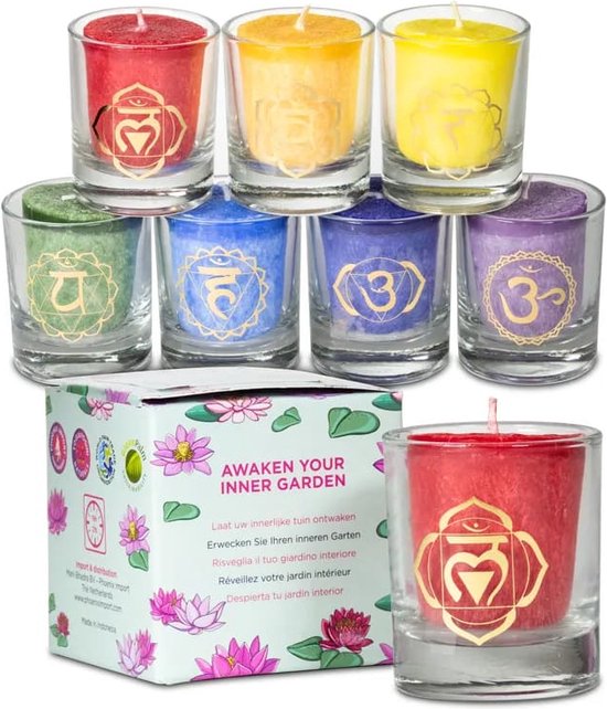 Set de 7 bougies parfumées votives Chakra - chakra - cadeau - 100% végétale - huile essentielle