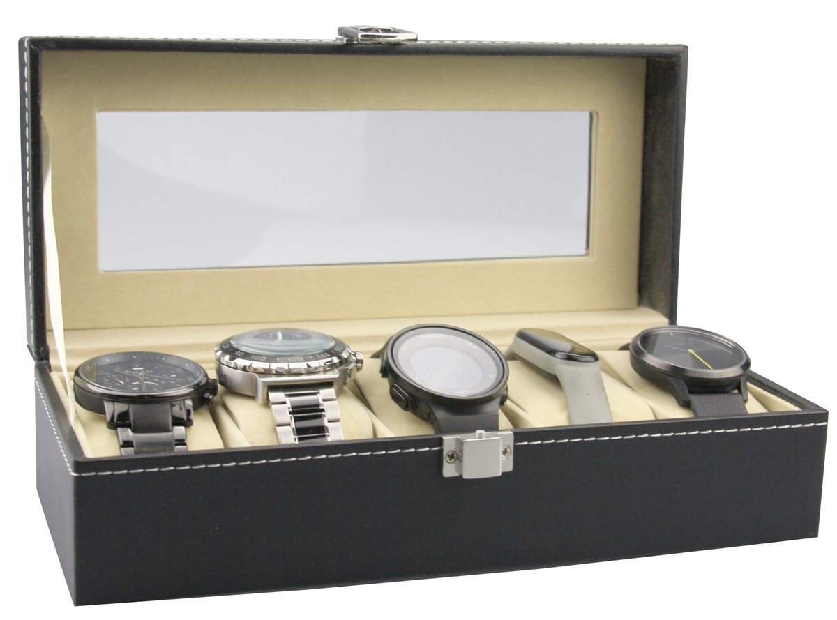Horlogebox - Horlogedoos voor heren dames - 5 horloges - Zwart