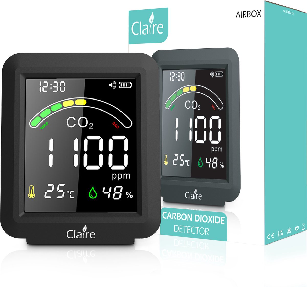 #4. Claire Airbox CO2 meter – Luchtkwaliteitsmeter – Met hygrometer en thermometer – Draagbaar & oplaadbaar – Zelfkalibrerende NDIR sensor
