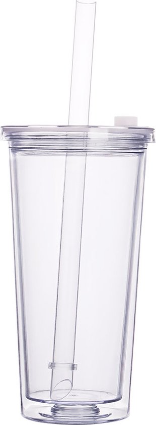 Beker met rietje deksel en schoonmaakborstel - 550 ml - transparant - herbruikbare plastic drinkbeker - dubbelwandig - koffiebeker to go beker- Bubble tea beker- Boba