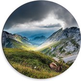 WallClassics - Dibond Muurcirkel - Geit in de Bergen - 30x30 cm Foto op Aluminium Muurcirkel (met ophangsysteem)