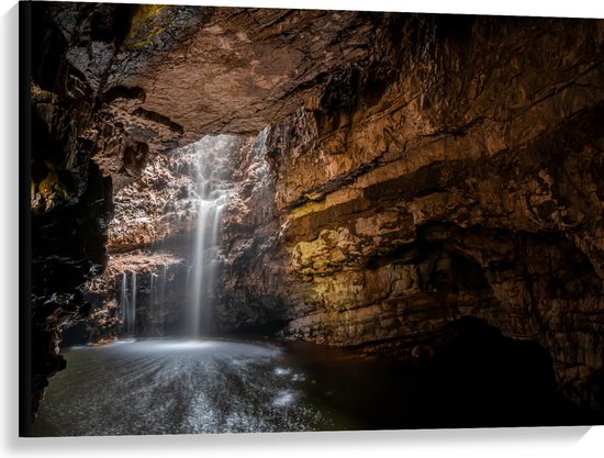 WallClassics - Canvas  - Waterval in een Grot - 100x75 cm Foto op Canvas Schilderij (Wanddecoratie op Canvas)