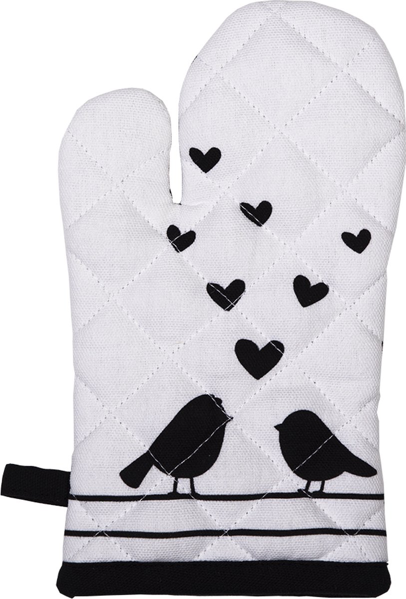 Clayre & Eef Kind Ovenwant 12x21 cm Wit Zwart Katoen Harten Vogels Ovenhandschoen