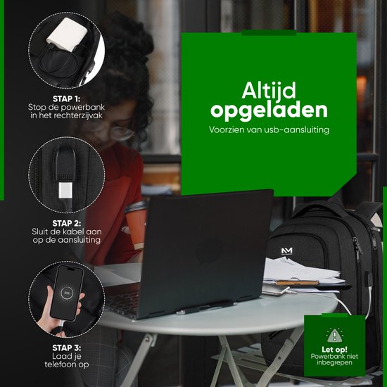 Sac à dos Madden bleu marine avec port de charge USB 36L Zwart Sac à dos pour ordinateur portable de Luxe 17,3 pouces - Cartable - Homme - Femme - Garçons - Filles - Résistant à l'eau - Sacs à dos à dos