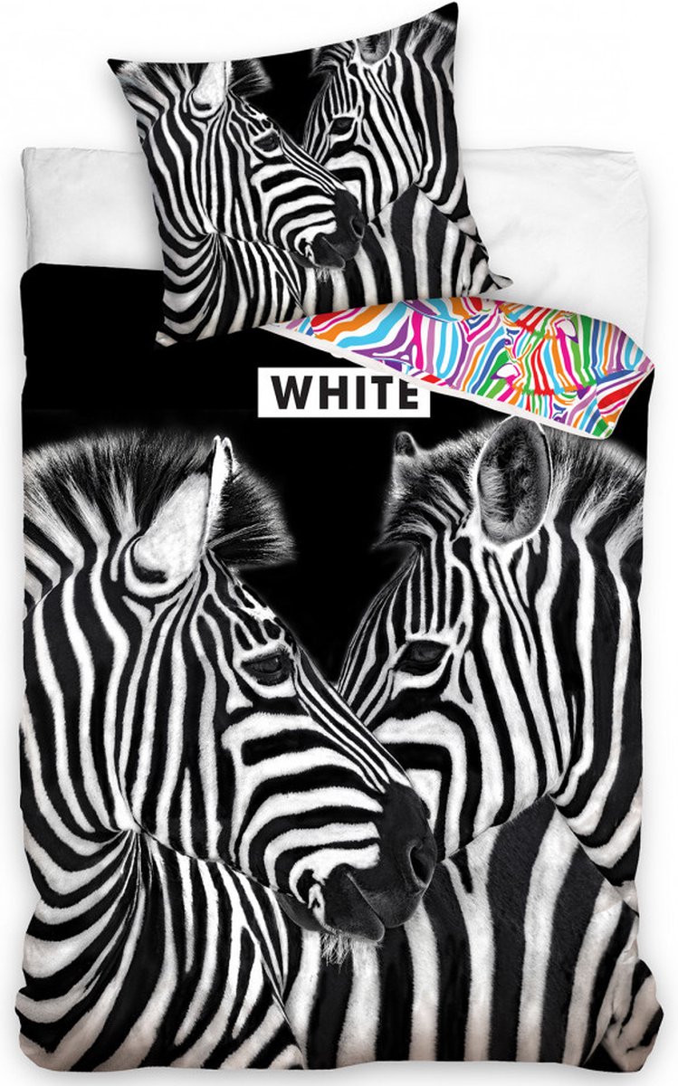 Zebra dekbedovertrek - 2 zebra's - zwart / wit en gekleurde kant - eenpersoons met 1 kussensloop