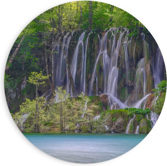 WallClassics - PVC Schuimplaat Muurcirkel - Prachtige Waterval in het Bos - 90x90 cm Foto op Muurcirkel (met ophangsysteem)