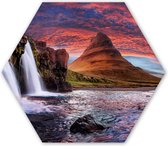 Hexagon wanddecoratie - Kunststof Wanddecoratie - Hexagon Schilderij - Waterval - Berg - Wolken - Roze - Landschap - 75x65 cm