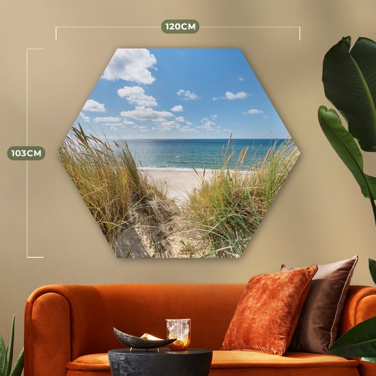 Décoration murale hexagonale - Décoration murale en plastique - Tableau hexagonal - Dune - Herbe - Mer - Plage - 120x103 cm