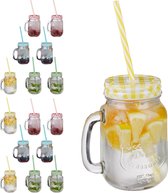 Relaxdays 16x verre à boire avec couvercle et paille, pot Weck, 4 couleurs, pot Mason