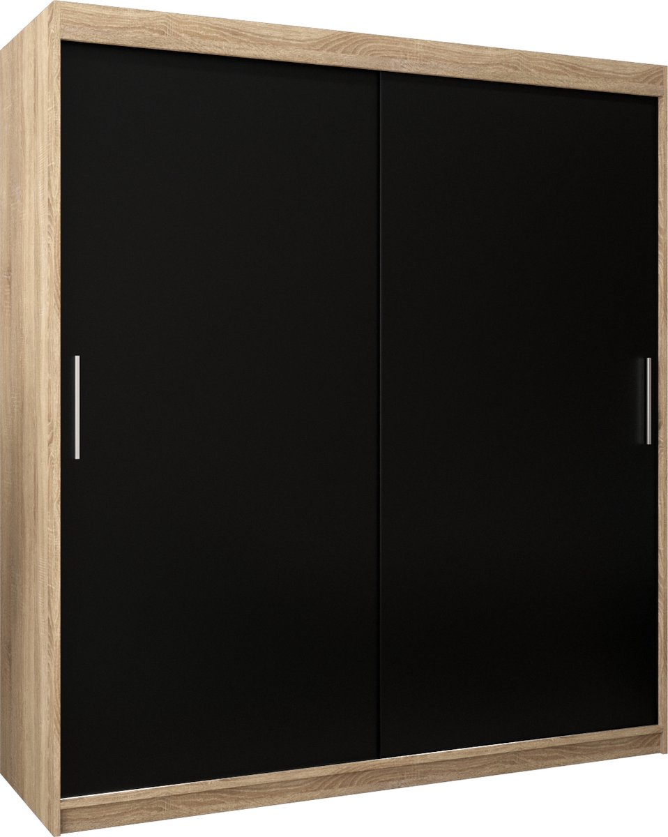 InspireME Kledingkast met 2 schuifdeuren, Modern-stijl, Kledingkast met planken (BxHxD): 180x200x62 - TORM 180 Sonoma Eik + Zwart Mat met 4 lades