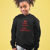 Kerst Hoodie Zwart Kind - Keep Calm It's Only Christmas Red (9-11 jaar - MAAT 134/140) - Kerstkleding voor jongens & meisjes