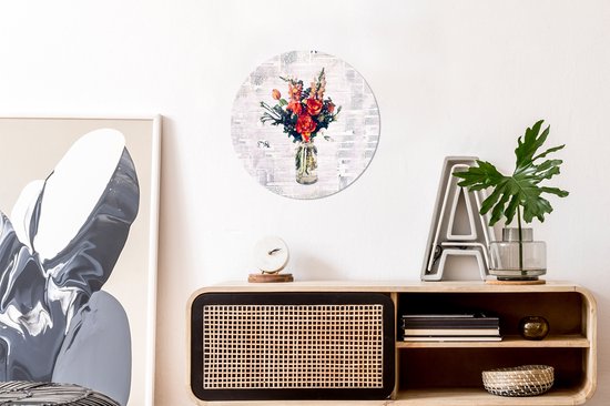 WallCircle - Muurstickers - Behangcirkel - Vaas - Bloemen - Krant - ⌀ 30 cm - Muurcirkel - Zelfklevend - Ronde Behangsticker