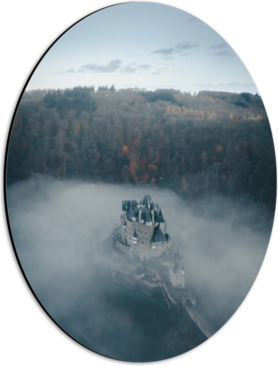 WallClassics - Dibond Ovaal - Kasteel in de Mist tussen Bossen - 30x40 cm Foto op Ovaal (Met Ophangsysteem)