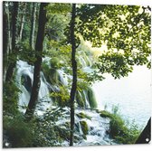 WallClassics - Tuinposter – Waterval tussen de Bomen door - 100x100 cm Foto op Tuinposter  (wanddecoratie voor buiten en binnen)