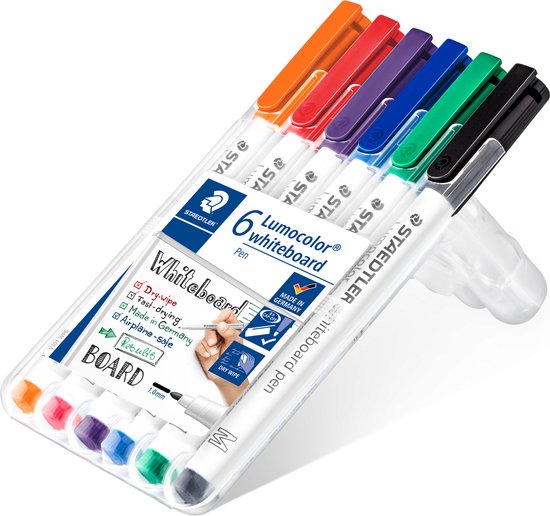 Set de 6 marqueurs blancs Staedtler Lumocolor dans les couleurs orange, rouge, violet, bleu, vert et noir.