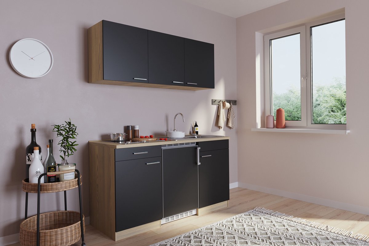 Goedkope keuken 150 cm - complete kleine keuken met apparatuur Luis - Eiken/Zwart - keramische kookplaat - koelkast - mini keuken - compacte keuken - keukenblok met apparatuur