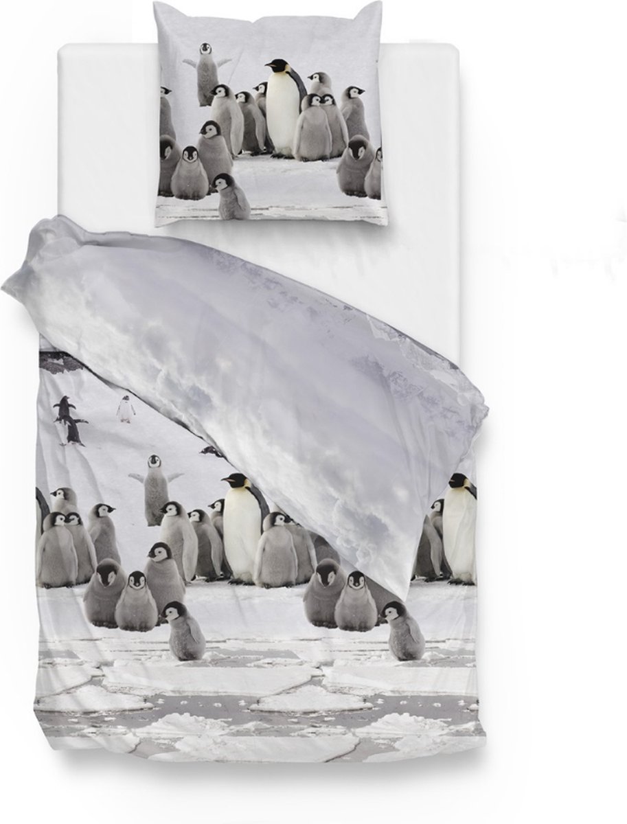 Warme flanel dekbedovertrek Ice Pinguins - eenpersoons (140x200/220) - hoogwaardig en zacht - ideaal tegen de kou