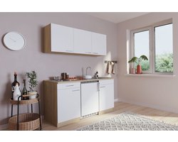 Goedkope keuken 150  cm - complete kleine keuken met apparatuur Luis - Eiken/Wit - elektrische kookplaat  - koelkast          - mini keuken - compacte keuken - keukenblok met apparatuur