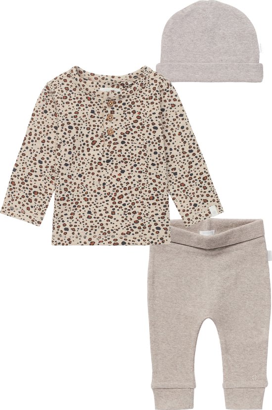 Noppies - Kledingset - 3delig - Broek Naura Taupe - Shirt panterprint sand - Muts Nevel Taupe - Maat 68