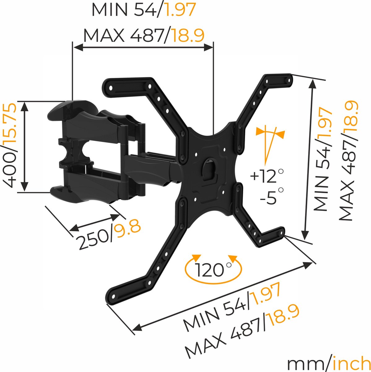 Nanook 2080 TV muurbeugel met lange arm voor 32-75 inch TV's, Extra lange uittreklengte tot 80 cm, Sterke full-motion TV beugel, Max. 60 kg, Draaibaar tot 180°, Max. VESA 400x400