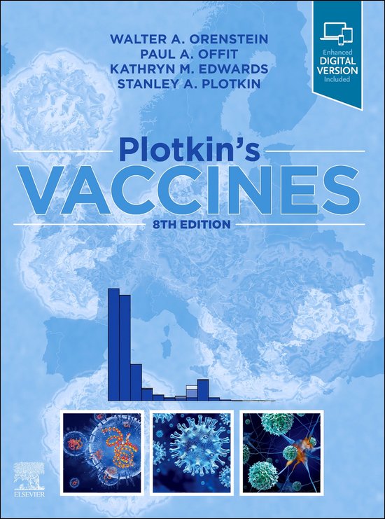Couverture du livre Plotkin's Vaccines, 8e édition, avec les noms des auteurs, une carte du monde, un diagramme à barres et des images de virus et de cellules. Version numérique améliorée incluse.