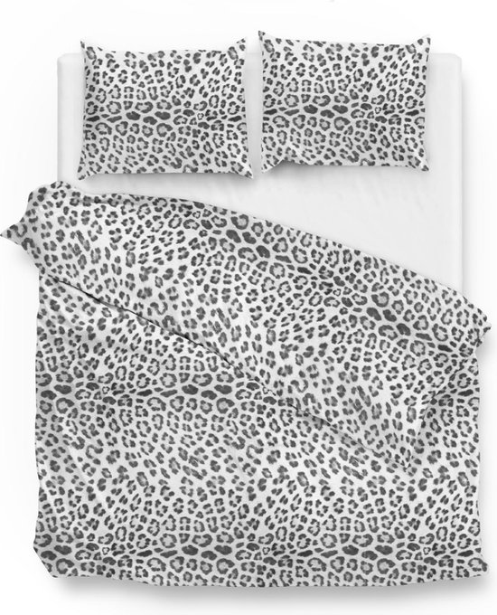 Warme flanel dekbedovertrek Leopard grijs/wit - extra breed (260x200/220) -  hoogwaardig en zacht - ideaal tegen de kou