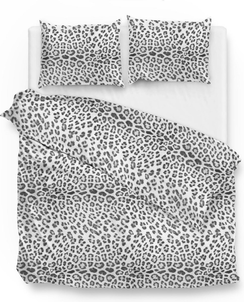 Warme flanel dekbedovertrek Leopard grijs/wit - extra breed (260x200/220) - hoogwaardig en zacht - ideaal tegen de kou