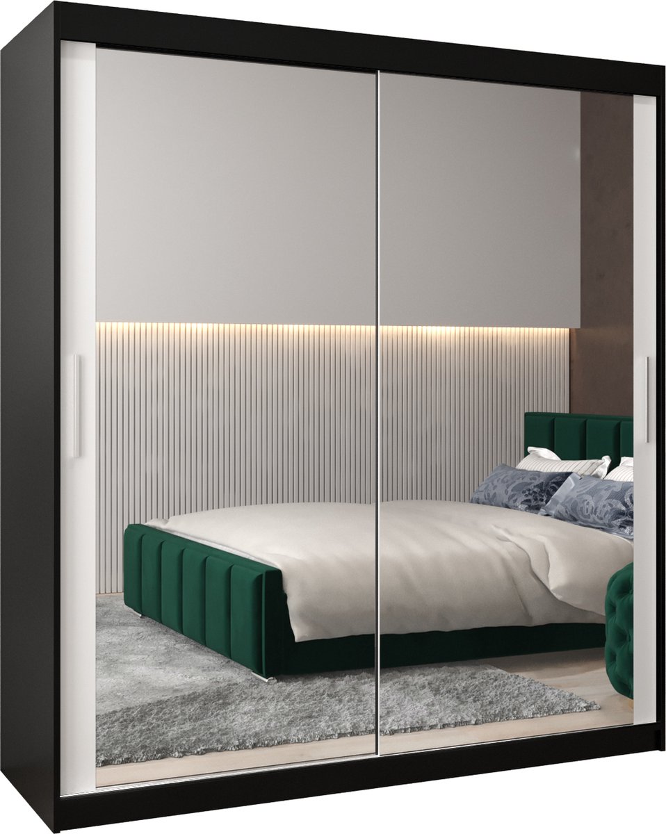 InspireME Kledingkast met 2 schuifdeuren, Modern-stijl, Kledingkast met planken (BxHxD): 180x200x62 - TORM III 180 Zwart Mat + Wit Mat