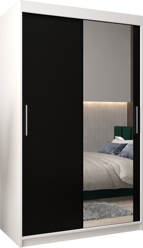 InspireMe – Kledingkast met 2 schuifdeuren, Modern-stijl, Kledingkast met planken (BxHxD): 120x200x62 – TORM II 120 Wit Mat + Zwart