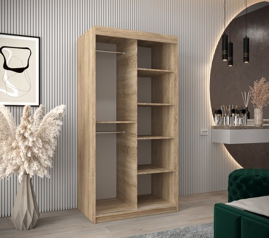 InspireMe - Armoire avec 2 portes coulissantes, Style moderne, Armoire avec étagères (LxHxP): 100x200x62 - TORM 100 Chêne Sonoma + Wit Mat