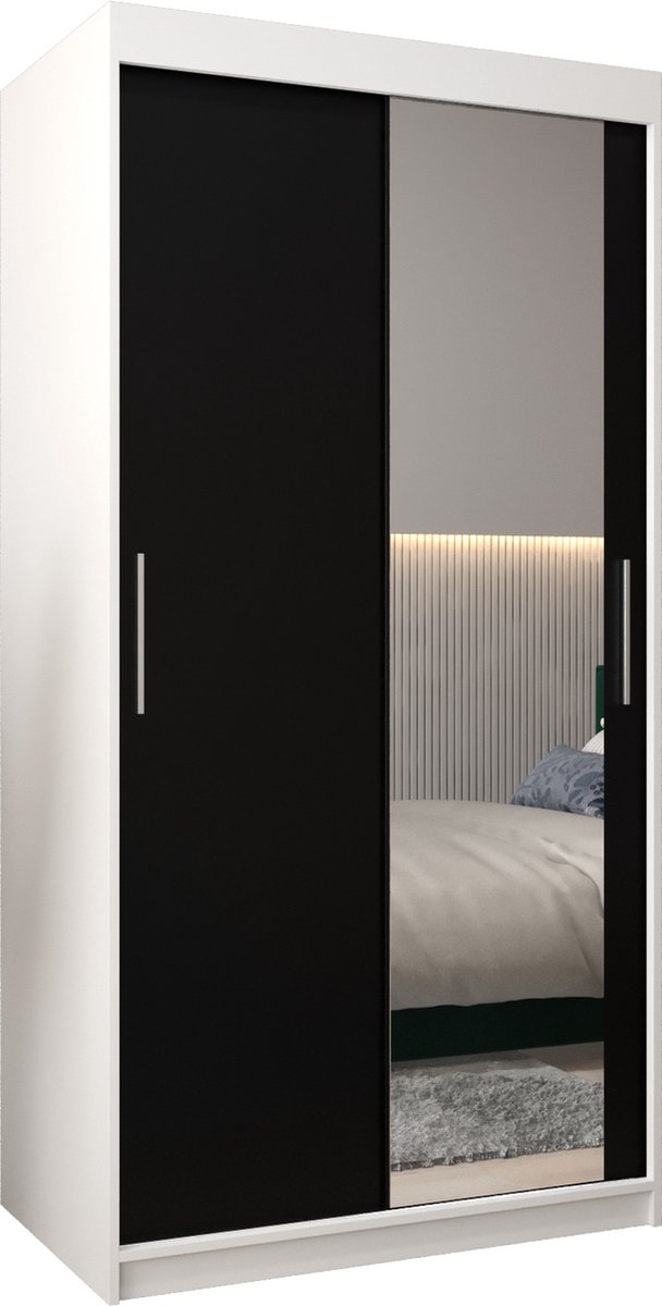 InspireME Kledingkast met 2 schuifdeuren, Modern-stijl, Kledingkast met planken (BxHxD): 100x200x62 - TORM II 100 Wit Mat + Zwart met 2 lades